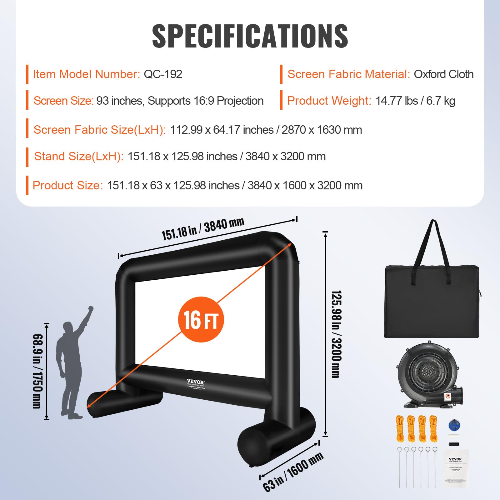 VEVOR Inflatable Movie Screen, 16 FT Inflatable Projector Screen for Outside with Blower and Carrying Bag, Front/Rear Projection, Oxford Fabric Blow Up Screen for Outdoor Parties Backyard Movie Night - CookCave