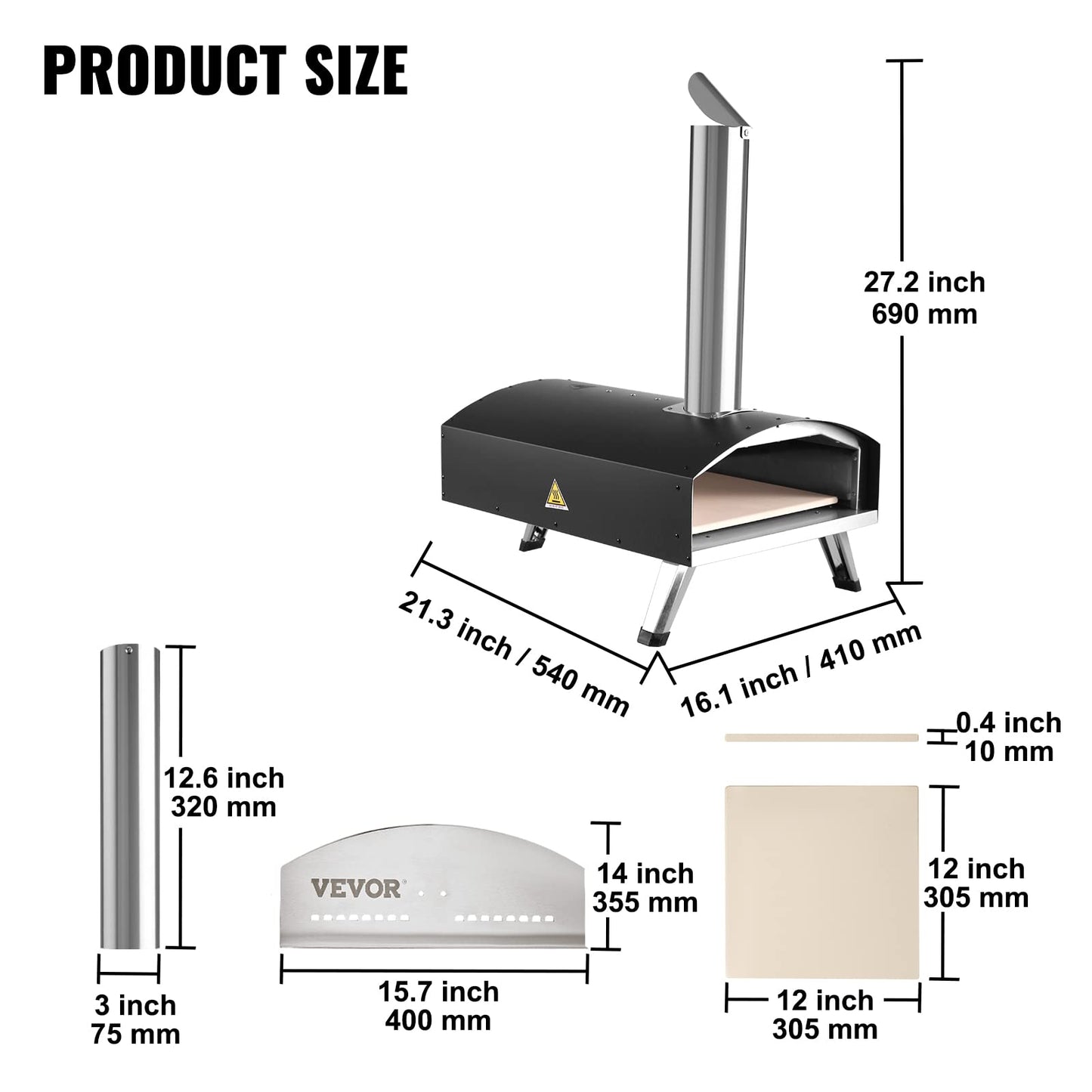 VEVOR Outdoor Oven 12-inch Pellet and Charcoal Fired Maker, Portable Outside Stainless Steel Grill with Pizza Stone, Waterproof Cover, Shovel, Wood Burner for Backyard Camping, Black - CookCave