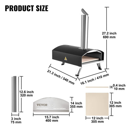 VEVOR Outdoor Oven 12-inch Pellet and Charcoal Fired Maker, Portable Outside Stainless Steel Grill with Pizza Stone, Waterproof Cover, Shovel, Wood Burner for Backyard Camping, Black - CookCave