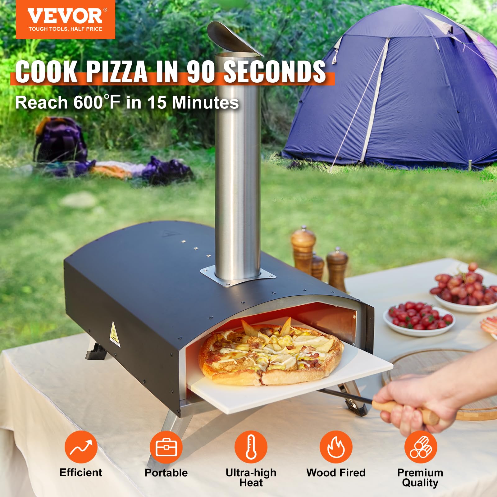 VEVOR Outdoor Oven 12-inch Pellet and Charcoal Fired Maker, Portable Outside Stainless Steel Grill with Pizza Stone, Waterproof Cover, Shovel, Wood Burner for Backyard Camping, Black - CookCave