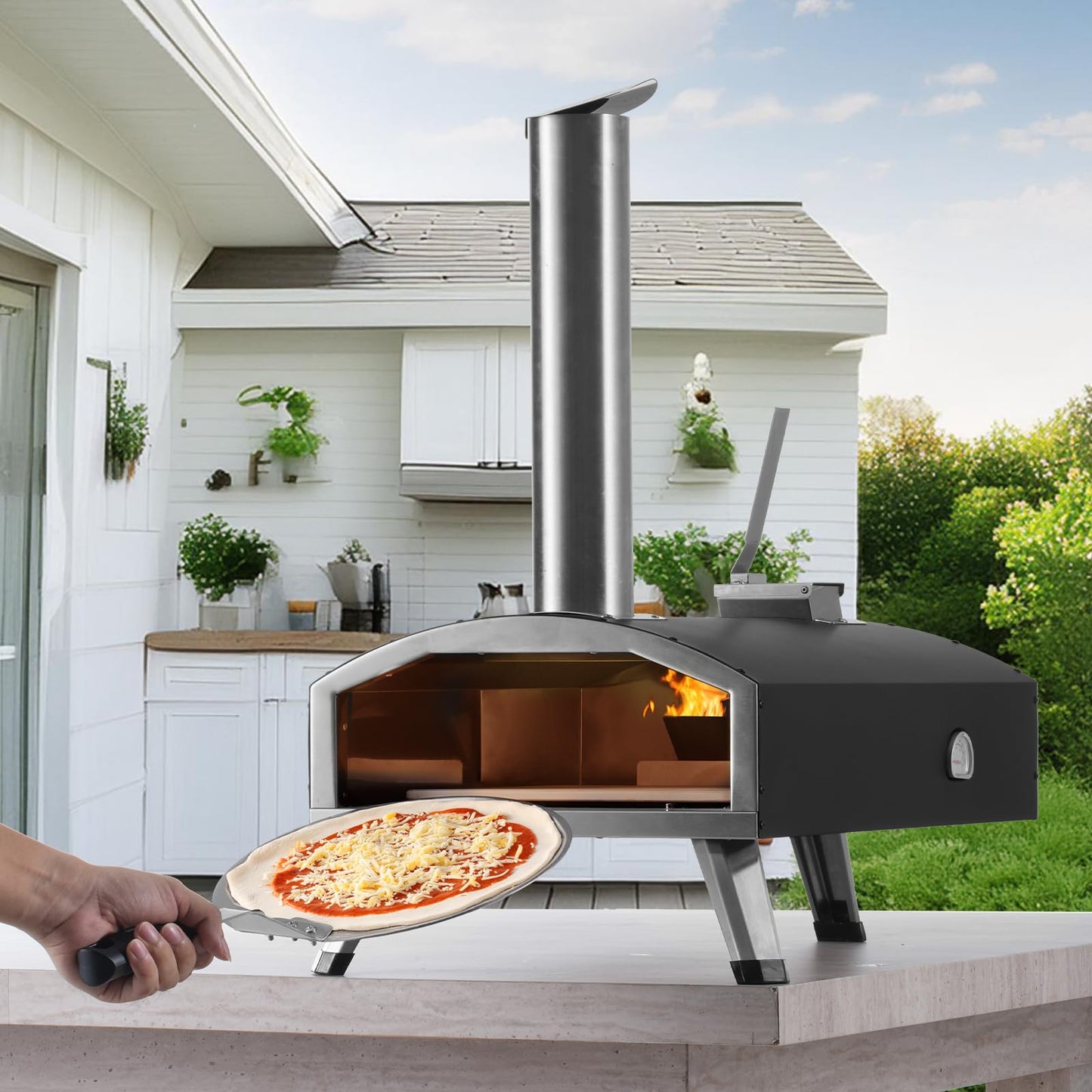 VEVOR OUTDOOR Pizza Oven, 12 Inch Wood Fired Pizza Ovens, Pellet Pizza Stove with Thermometer, Portable Pizza Maker for Outside Backyard Patio Camping, Pizza Stone, Carry Bag, Shovel, Black - CookCave