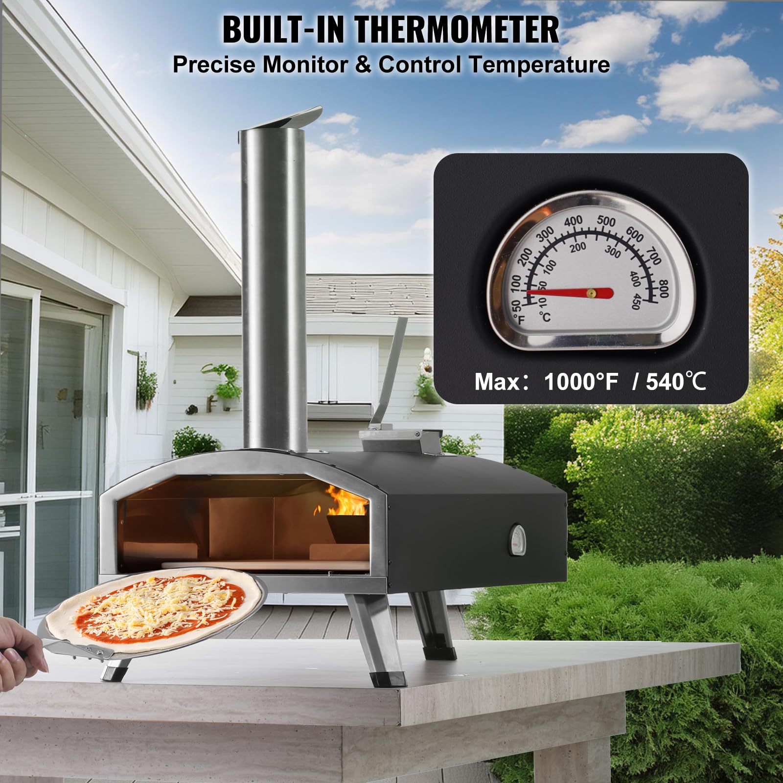 VEVOR OUTDOOR Pizza Oven, 12 Inch Wood Fired Pizza Ovens, Pellet Pizza Stove with Thermometer, Portable Pizza Maker for Outside Backyard Patio Camping, Pizza Stone, Carry Bag, Shovel, Black - CookCave