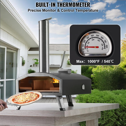 VEVOR OUTDOOR Pizza Oven, 12 Inch Wood Fired Pizza Ovens, Pellet Pizza Stove with Thermometer, Portable Pizza Maker for Outside Backyard Patio Camping, Pizza Stone, Carry Bag, Shovel, Black - CookCave
