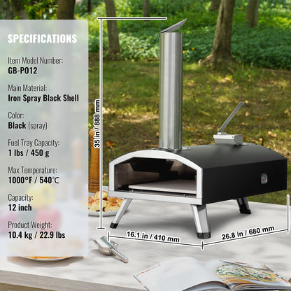 VEVOR OUTDOOR Pizza Oven, 12 Inch Wood Fired Pizza Ovens, Pellet Pizza Stove with Thermometer, Portable Pizza Maker for Outside Backyard Patio Camping, Pizza Stone, Carry Bag, Shovel, Black - CookCave