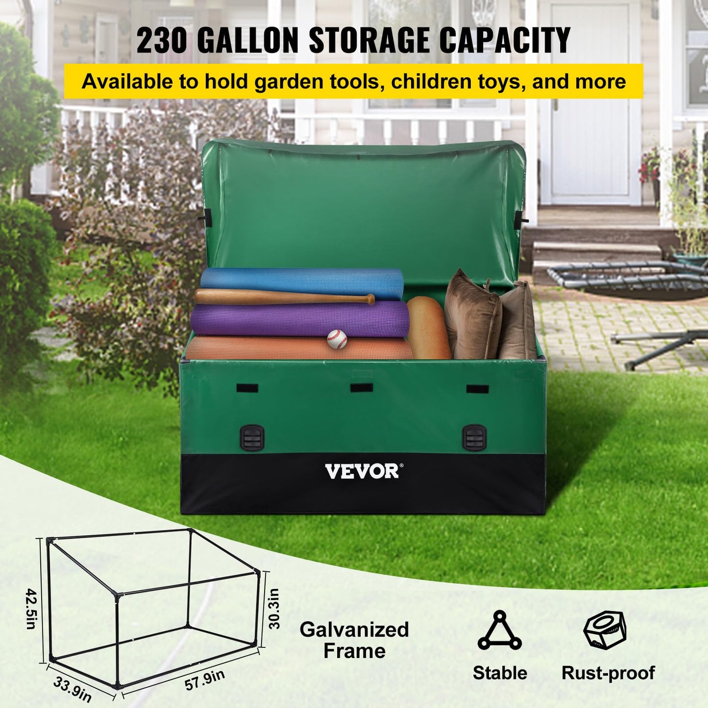 VEVOR Outdoor Storage Box, 230 Gallon Waterproof PE Tarpaulin Deck Box w/Galvanized Frame, All-Weather Protection & Portable, for Camping, Garden, Poolside, and Yard, Black & Green - CookCave