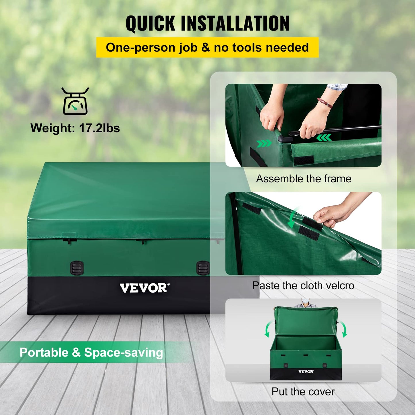 VEVOR Outdoor Storage Box, 230 Gallon Waterproof PE Tarpaulin Deck Box w/Galvanized Frame, All-Weather Protection & Portable, for Camping, Garden, Poolside, and Yard, Black & Green - CookCave