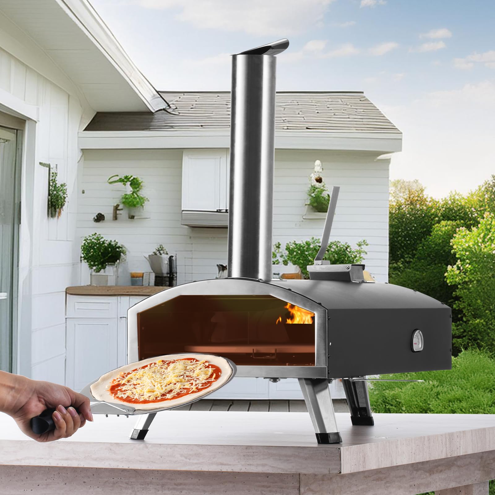 VEVOR Pellet Pizza Oven, 12-inch Outdoor Pizza Oven with Rotate Pizza Stone, Portable Wood Fired Pizza Maker with Built-in Thermometer, Ideal for Outside Camping & Backyard, Patio, Black - CookCave