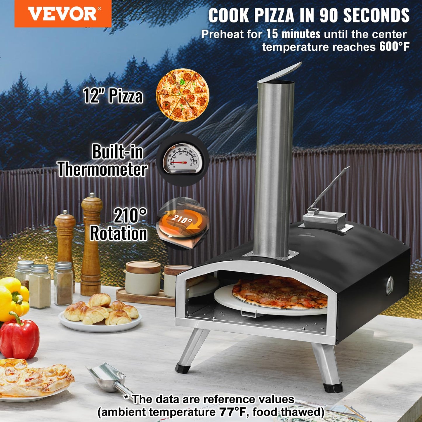 VEVOR Pellet Pizza Oven, 12-inch Outdoor Pizza Oven with Rotate Pizza Stone, Portable Wood Fired Pizza Maker with Built-in Thermometer, Ideal for Outside Camping & Backyard, Patio, Black - CookCave