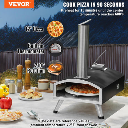 VEVOR Pellet Pizza Oven, 12-inch Outdoor Pizza Oven with Rotate Pizza Stone, Portable Wood Fired Pizza Maker with Built-in Thermometer, Ideal for Outside Camping & Backyard, Patio, Black - CookCave