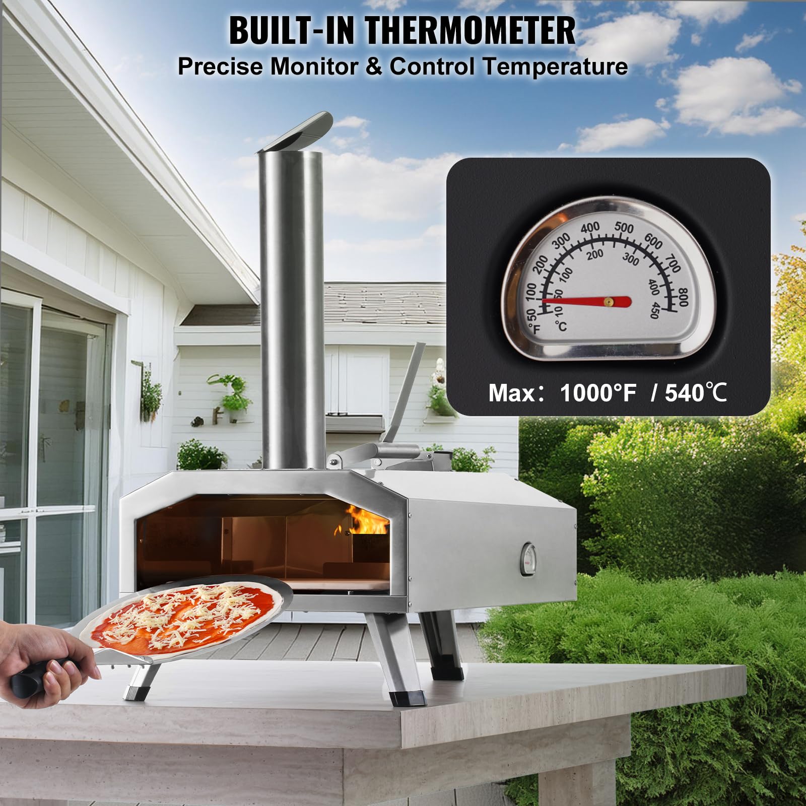 VEVOR Pizza Oven Outdoor, 12" Pellet Pizza Oven, Portable Pizza Stove with Built-in Thermometer, Wood Fired Stainless Steel Pizza Maker, for Backyard, Camping, Pizza Stone, Shovel, Carry Bag, Silver - CookCave