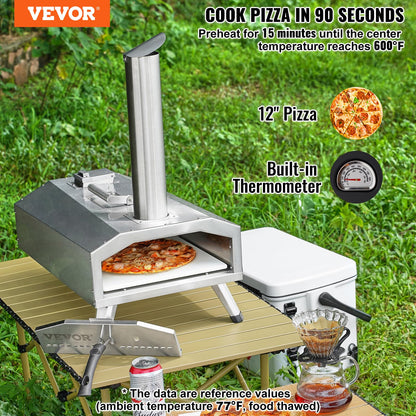 VEVOR Pizza Oven Outdoor, 12" Pellet Pizza Oven, Portable Pizza Stove with Built-in Thermometer, Wood Fired Stainless Steel Pizza Maker, for Backyard, Camping, Pizza Stone, Shovel, Carry Bag, Silver - CookCave