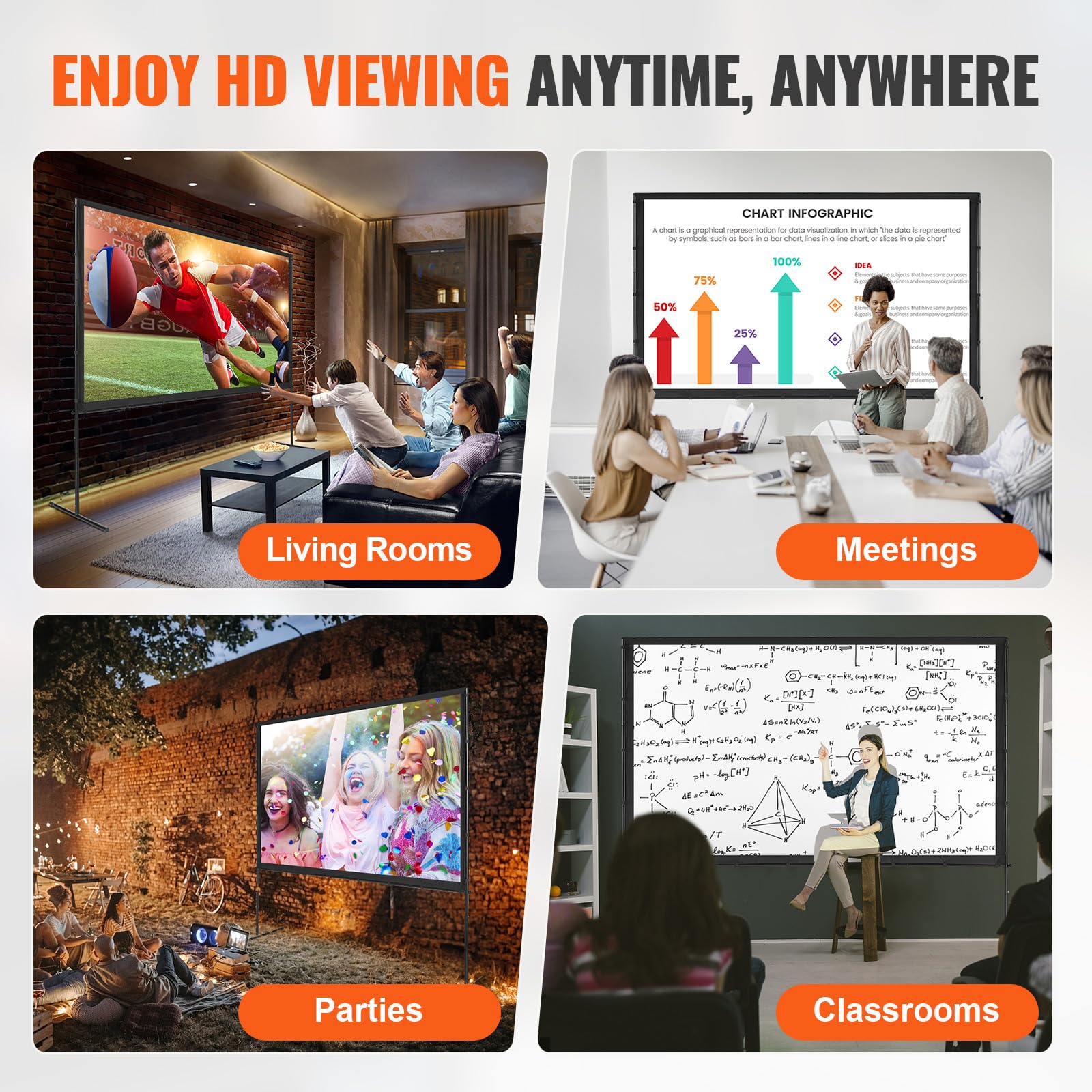 VEVOR Projector Screen with Stand, 100 inch 16:9 4K 1080 HD Outdoor Movie Screen with Stand, Wrinkle-Free Projection Screen with Bar Feet and Carry Bag, for Home Theater Cinema Backyard Movie Night - CookCave