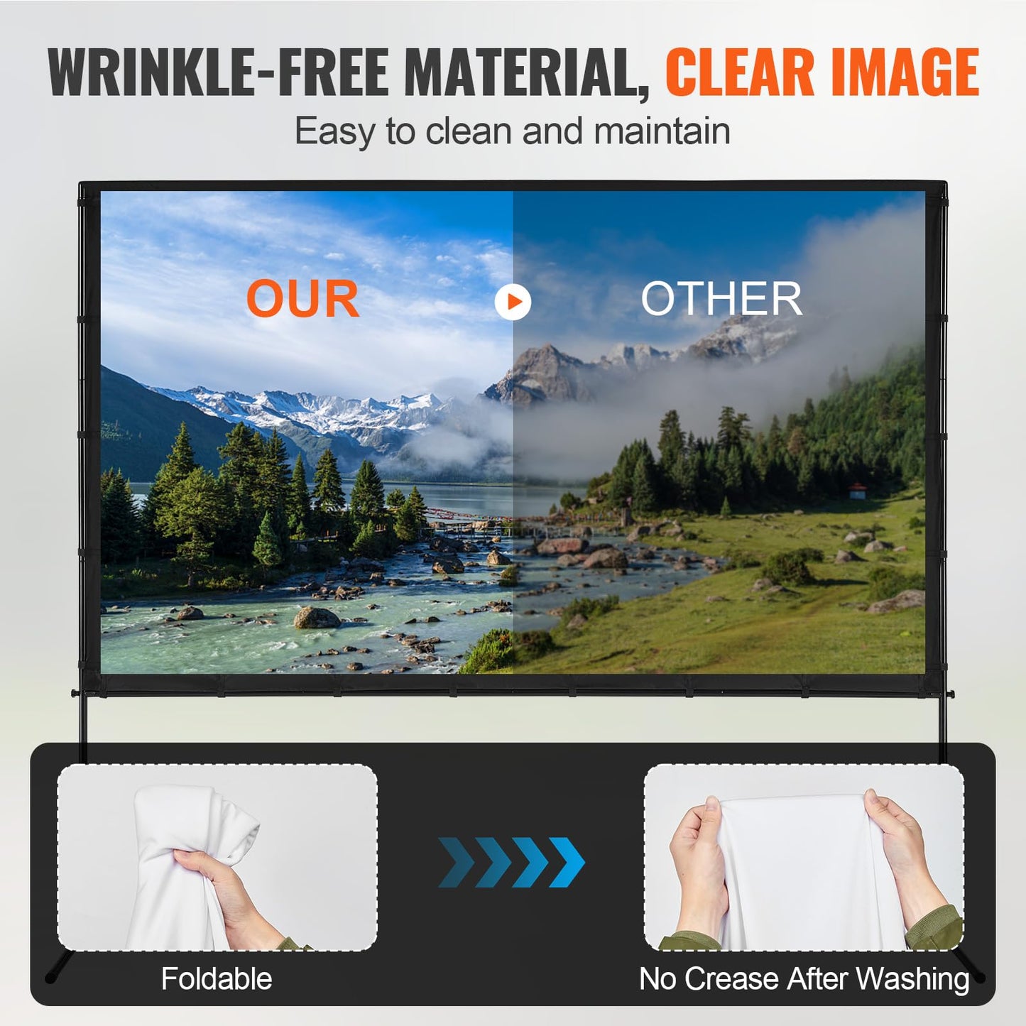 VEVOR Projector Screen with Stand, 100 inch 16:9 4K 1080 HD Outdoor Movie Screen with Stand, Wrinkle-Free Projection Screen with Bar Feet and Carry Bag, for Home Theater Cinema Backyard Movie Night - CookCave