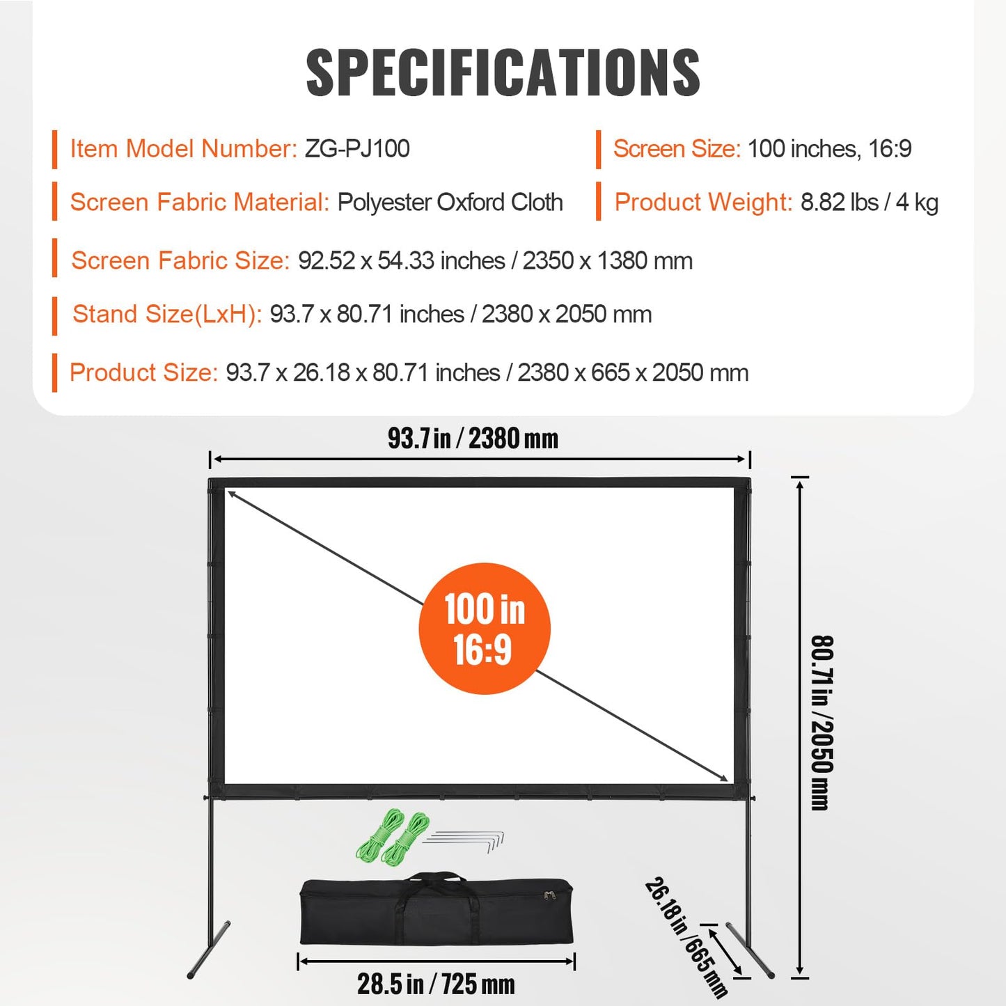 VEVOR Projector Screen with Stand, 100 inch 16:9 4K 1080 HD Outdoor Movie Screen with Stand, Wrinkle-Free Projection Screen with Bar Feet and Carry Bag, for Home Theater Cinema Backyard Movie Night - CookCave