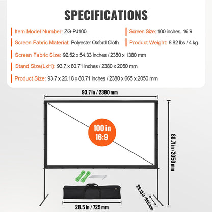 VEVOR Projector Screen with Stand, 100 inch 16:9 4K 1080 HD Outdoor Movie Screen with Stand, Wrinkle-Free Projection Screen with Bar Feet and Carry Bag, for Home Theater Cinema Backyard Movie Night - CookCave