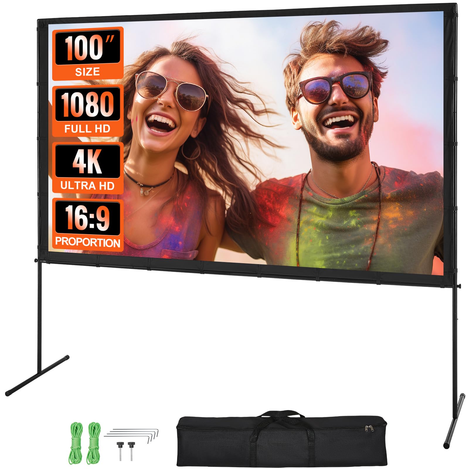 VEVOR Projector Screen with Stand, 100 inch 16:9 4K 1080 HD Outdoor Movie Screen with Stand, Wrinkle-Free Projection Screen with Bar Feet and Carry Bag, for Home Theater Cinema Backyard Movie Night - CookCave
