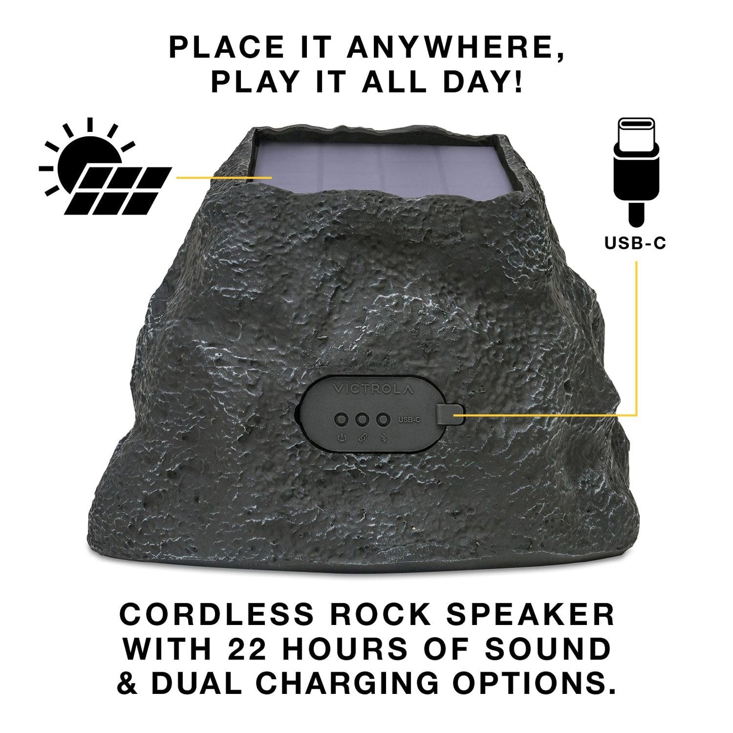 Victrola Rock Speaker Connect, Stone, Wireless Outdoor with Bluetooth 5.3, 22-Hour Battery Life, with Solar Charging, Link Up to 20 Rock Speakers, IP65 Water & Dust Resistant Speaker - CookCave