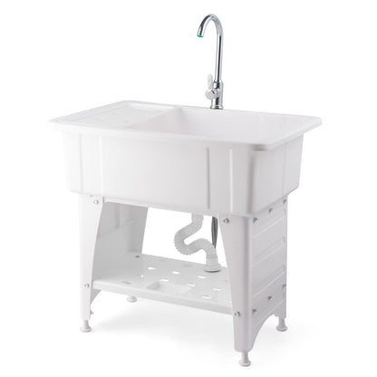VINGLI 20-Gallon Utility Sink Laundry Tub for Washing Room, Freestanding Utility Sink with Stainless Steel Faucet, 22.4"D x 32.3"W x 43.3"H, White - CookCave