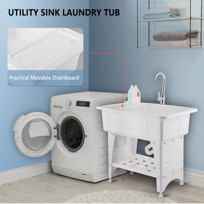 VINGLI 20-Gallon Utility Sink Laundry Tub for Washing Room, Freestanding Utility Sink with Stainless Steel Faucet, 22.4"D x 32.3"W x 43.3"H, White - CookCave