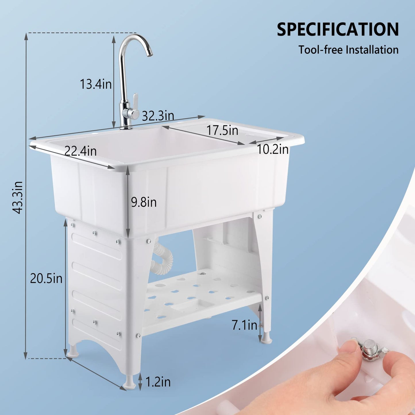 VINGLI 20-Gallon Utility Sink Laundry Tub for Washing Room, Freestanding Utility Sink with Stainless Steel Faucet, 22.4"D x 32.3"W x 43.3"H, White - CookCave