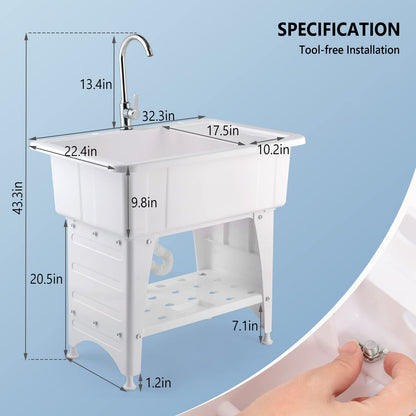 VINGLI 20-Gallon Utility Sink Laundry Tub for Washing Room, Freestanding Utility Sink with Stainless Steel Faucet, 22.4"D x 32.3"W x 43.3"H, White - CookCave