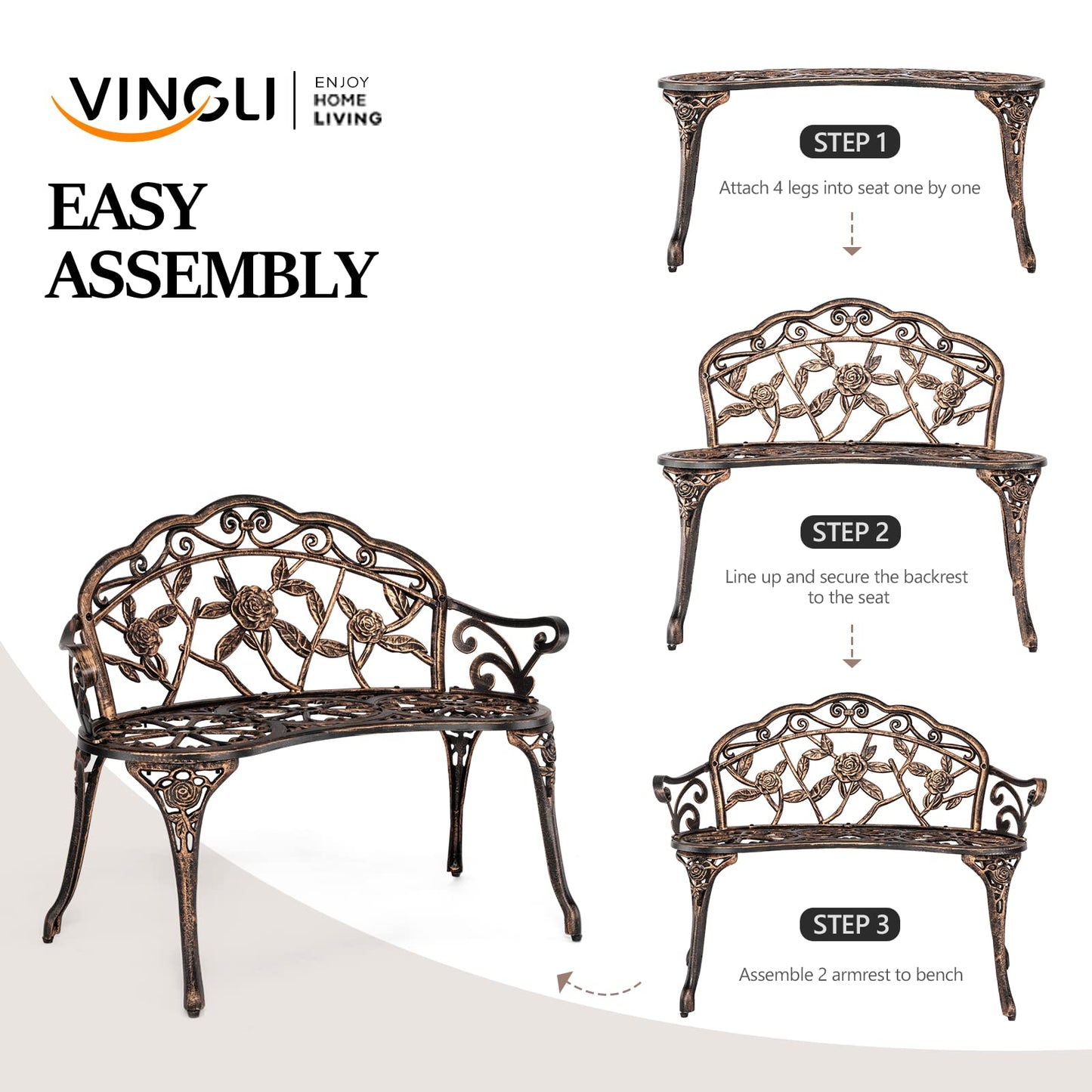 VINGLI 38.5" Patio Park Garden Outdoor Metal Rose Bench,Cast Iron Cast Aluminium Frame Antique Finish Chair,Accented Lawn Front Porch Path Yard Decor Deck Furniture for 2 Person Seat（Bronze - CookCave