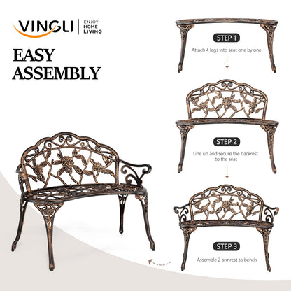 VINGLI 38.5" Patio Park Garden Outdoor Metal Rose Bench,Cast Iron Cast Aluminium Frame Antique Finish Chair,Accented Lawn Front Porch Path Yard Decor Deck Furniture for 2 Person Seat（Bronze - CookCave