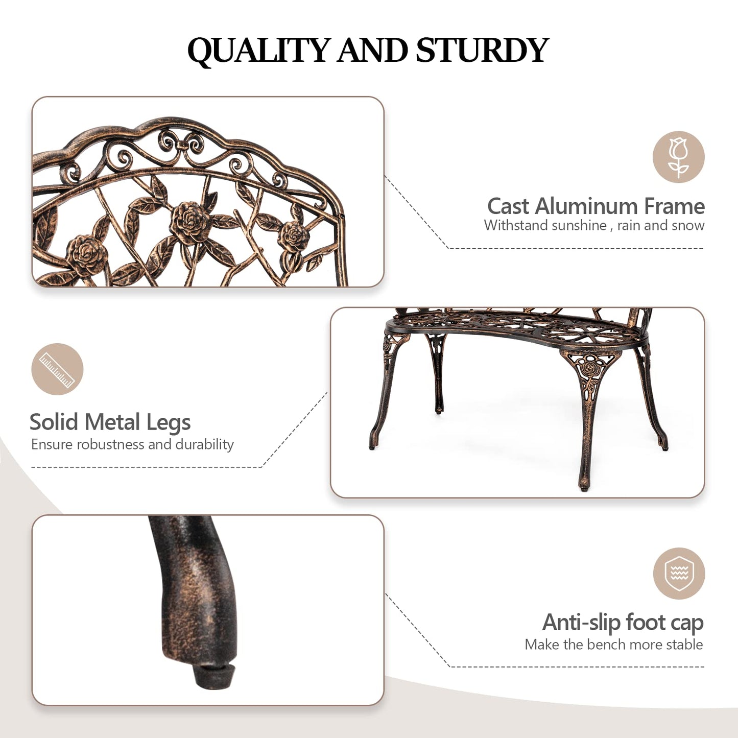 VINGLI 38.5" Patio Park Garden Outdoor Metal Rose Bench,Cast Iron Cast Aluminium Frame Antique Finish Chair,Accented Lawn Front Porch Path Yard Decor Deck Furniture for 2 Person Seat（Bronze - CookCave