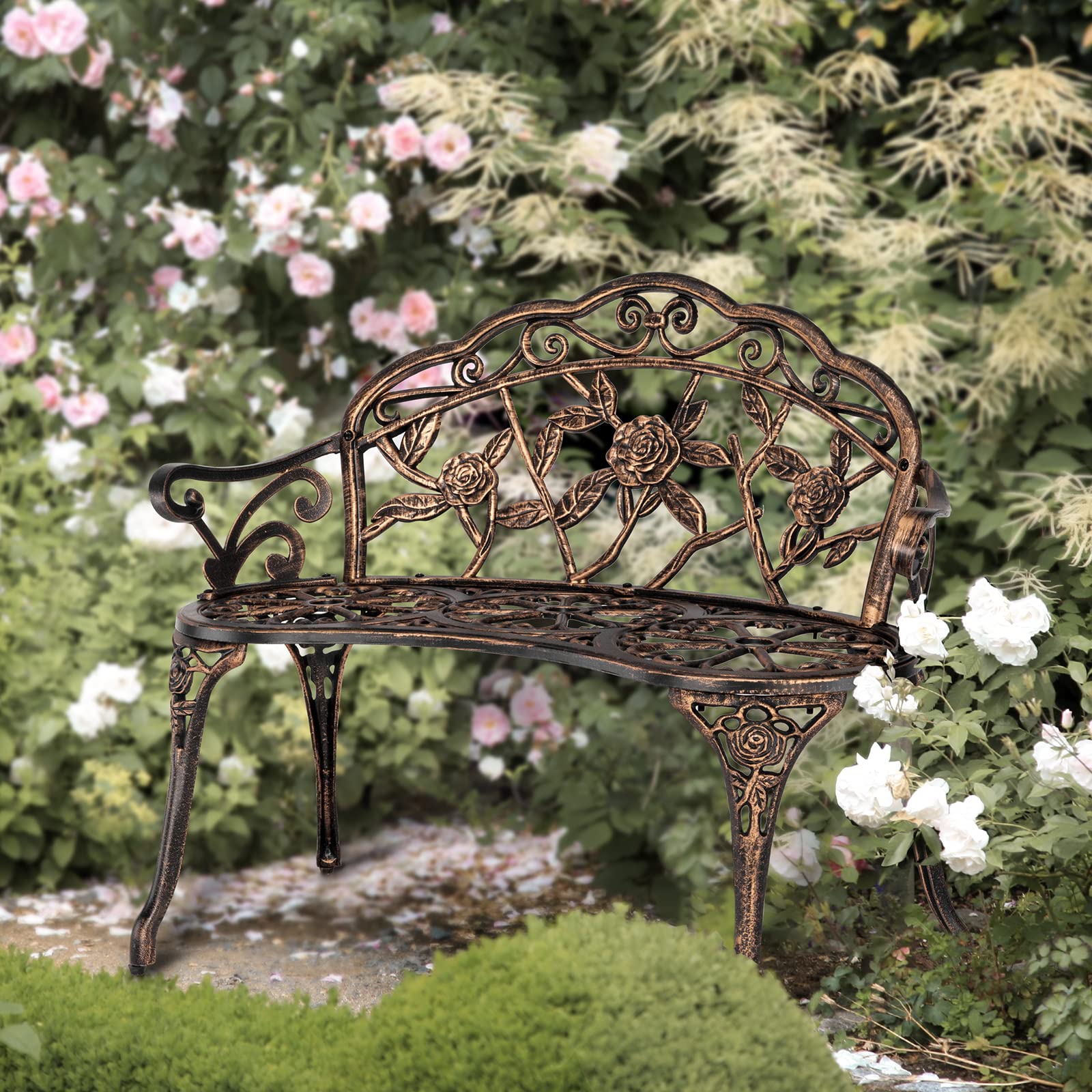 VINGLI 38.5" Patio Park Garden Outdoor Metal Rose Bench,Cast Iron Cast Aluminium Frame Antique Finish Chair,Accented Lawn Front Porch Path Yard Decor Deck Furniture for 2 Person Seat（Bronze - CookCave