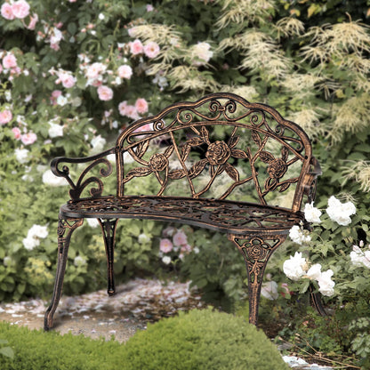 VINGLI 38.5" Patio Park Garden Outdoor Metal Rose Bench,Cast Iron Cast Aluminium Frame Antique Finish Chair,Accented Lawn Front Porch Path Yard Decor Deck Furniture for 2 Person Seat（Bronze - CookCave