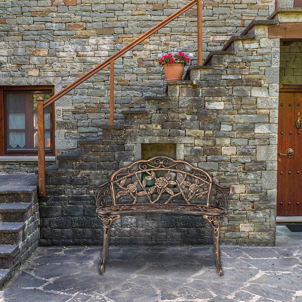 VINGLI 38.5" Patio Park Garden Outdoor Metal Rose Bench,Cast Iron Cast Aluminium Frame Antique Finish Chair,Accented Lawn Front Porch Path Yard Decor Deck Furniture for 2 Person Seat（Bronze - CookCave