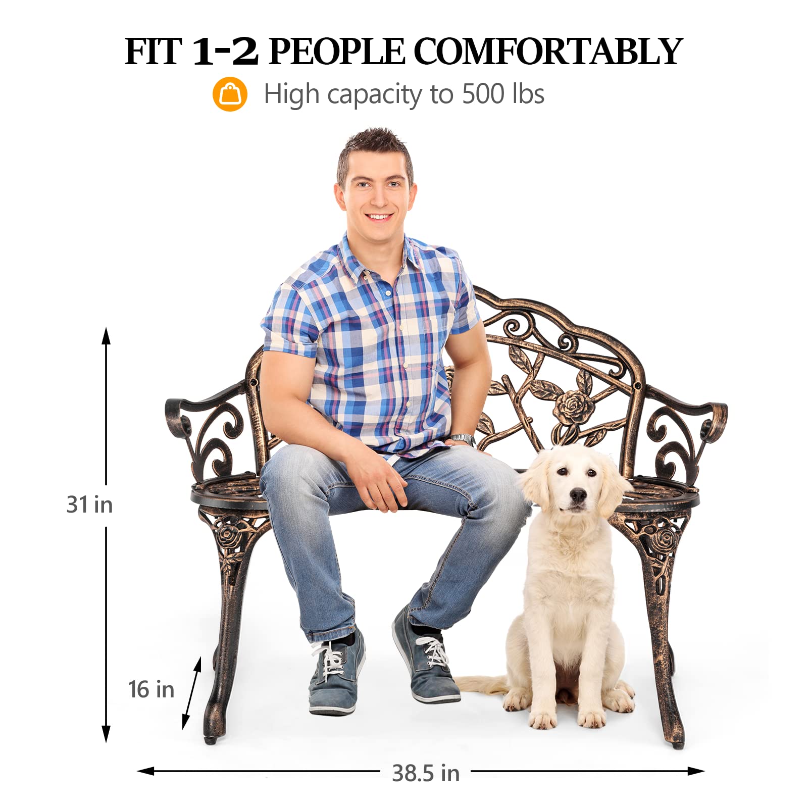 VINGLI 38.5" Patio Park Garden Outdoor Metal Rose Bench,Cast Iron Cast Aluminium Frame Antique Finish Chair,Accented Lawn Front Porch Path Yard Decor Deck Furniture for 2 Person Seat（Bronze - CookCave