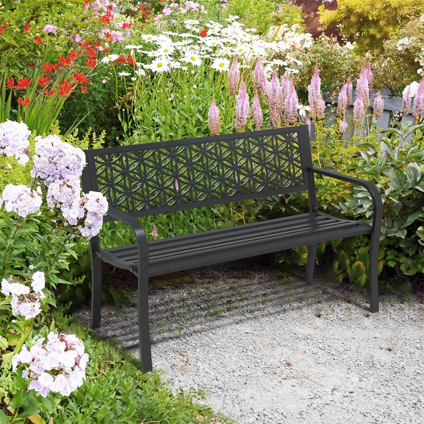 VINGLI 50" Outdoor Bench Metal with Floral Back, Garden Bench Front Porch Benches for Yard Patio Entryway Park Outside, 800lb Capacity - Black - CookCave