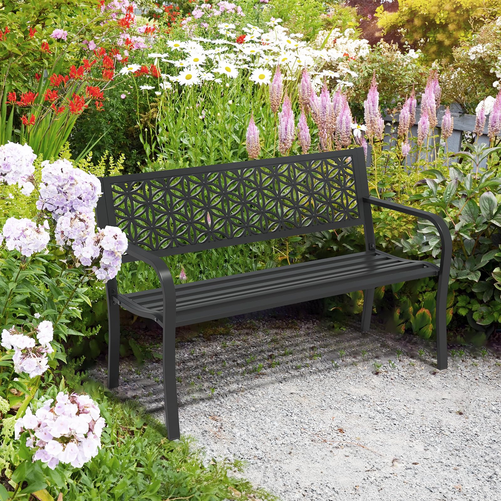 VINGLI 50" Outdoor Bench Metal with Floral Back, Garden Bench Front Porch Benches for Yard Patio Entryway Park Outside, 800lb Capacity - Black - CookCave