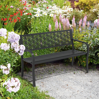 VINGLI 50" Outdoor Bench Metal with Floral Back, Garden Bench Front Porch Benches for Yard Patio Entryway Park Outside, 800lb Capacity - Black - CookCave
