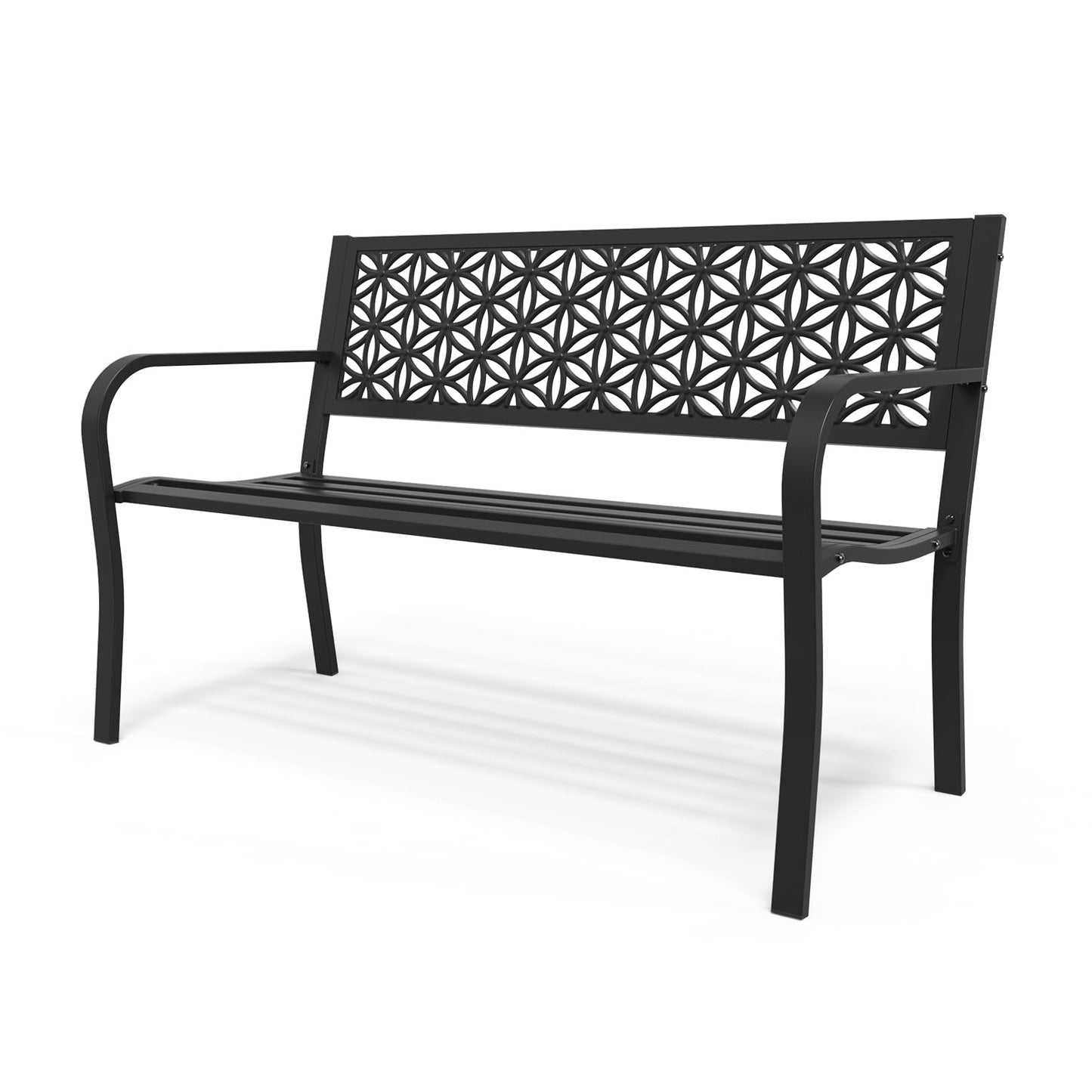 VINGLI 50" Outdoor Bench Metal with Floral Back, Garden Bench Front Porch Benches for Yard Patio Entryway Park Outside, 800lb Capacity - Black - CookCave