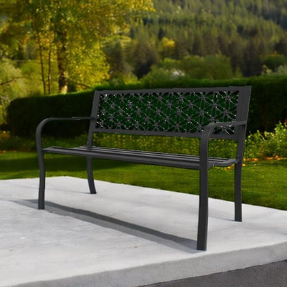 VINGLI 50" Outdoor Bench Metal with Floral Back, Garden Bench Front Porch Benches for Yard Patio Entryway Park Outside, 800lb Capacity - Black - CookCave