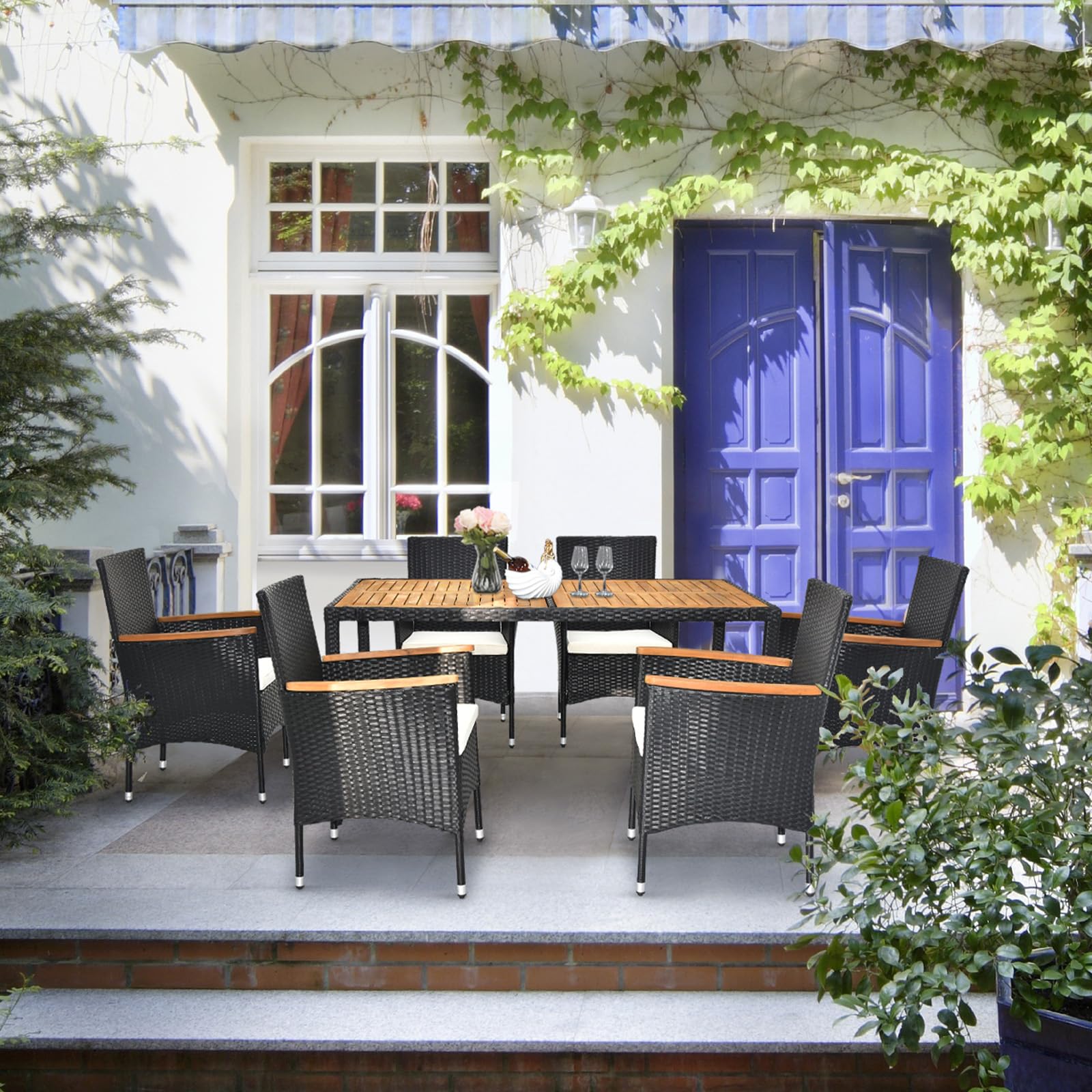 VINGLI 7 Pieces Patio Dining Set, Wicker Outdoor Dining Set for 6 Patio Furniture Set with Acacia Wood Table Outdoor Table and Chairs for Garden and Yard - CookCave