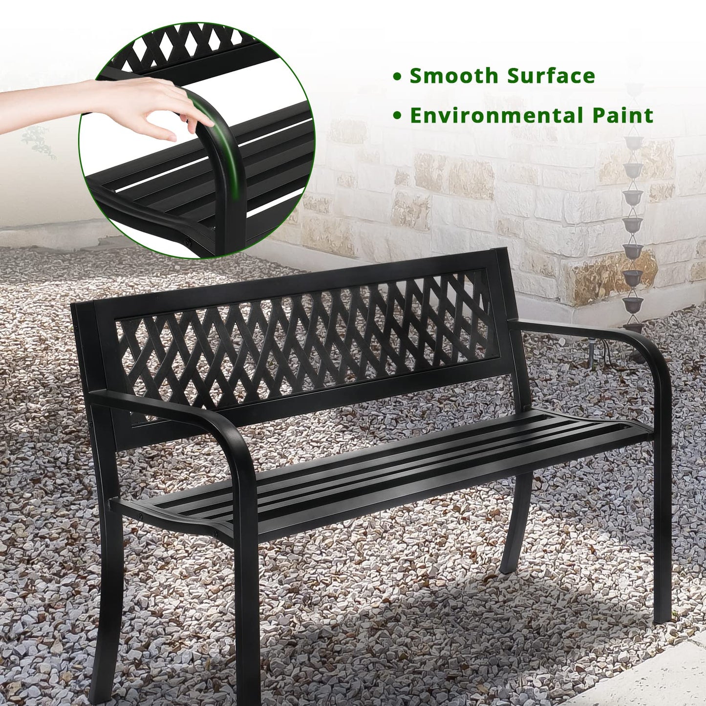 VINGLI Outdoor Bench Porch Bench Patio Metal Garden Bench w/PVC Back, Steel Black Outdoor Bench Park Bench for Yard Lawn Decor Deck Entryway - CookCave