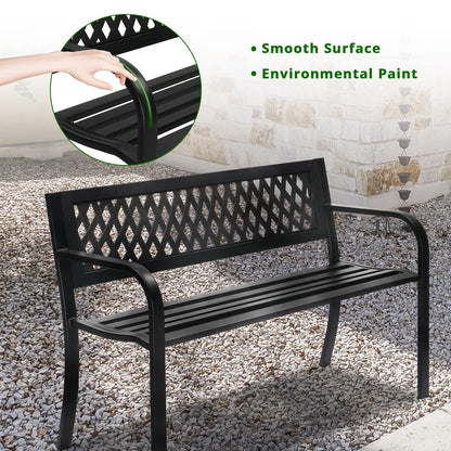 VINGLI Outdoor Bench Porch Bench Patio Metal Garden Bench w/PVC Back, Steel Black Outdoor Bench Park Bench for Yard Lawn Decor Deck Entryway - CookCave