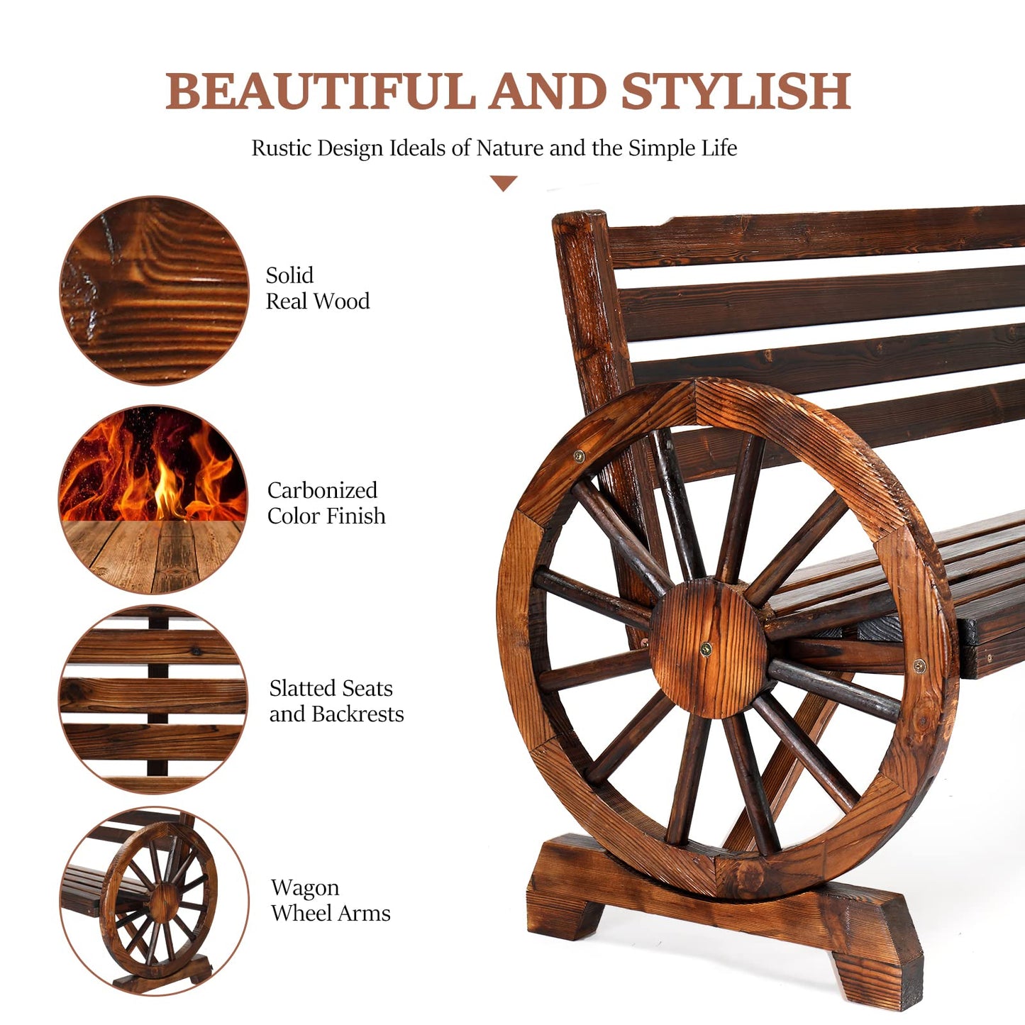 VINGLI Outdoor Rustic Wooden Bench with Wagon Wheel Arms, 3 People Outdoor Bench Garden Bench Front Porch Furniture Patio Lawn Yard Park, Indoor and Ourdoor Decor - CookCave