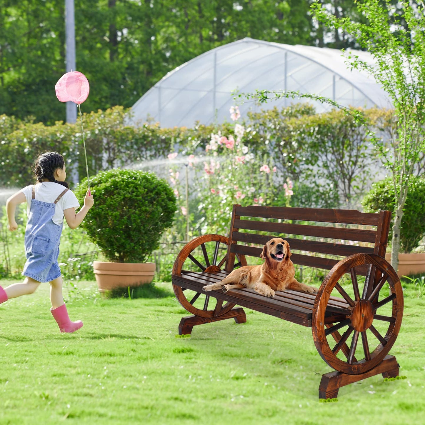 VINGLI Outdoor Rustic Wooden Bench with Wagon Wheel Arms, 3 People Outdoor Bench Garden Bench Front Porch Furniture Patio Lawn Yard Park, Indoor and Ourdoor Decor - CookCave