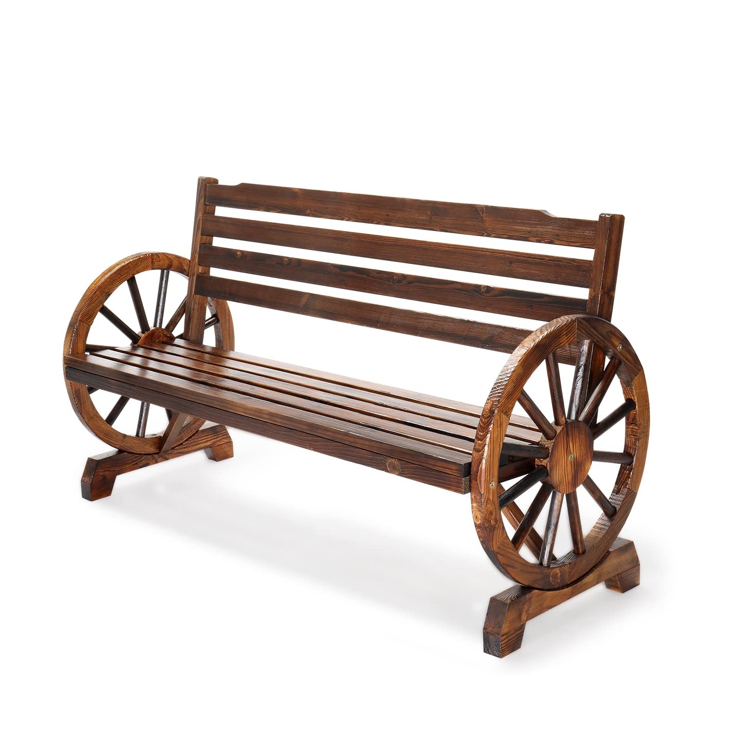 VINGLI Outdoor Rustic Wooden Bench with Wagon Wheel Arms, 3 People Outdoor Bench Garden Bench Front Porch Furniture Patio Lawn Yard Park, Indoor and Ourdoor Decor - CookCave