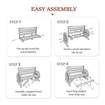 VINGLI Outdoor Rustic Wooden Bench with Wagon Wheel Arms, 3 People Outdoor Bench Garden Bench Front Porch Furniture Patio Lawn Yard Park, Indoor and Ourdoor Decor - CookCave
