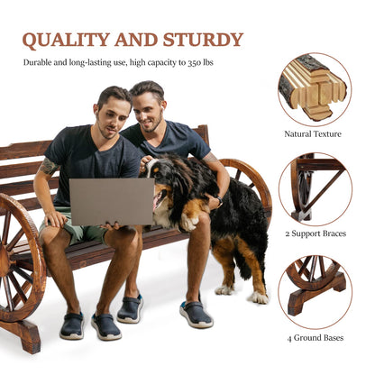 VINGLI Outdoor Rustic Wooden Bench with Wagon Wheel Arms, 3 People Outdoor Bench Garden Bench Front Porch Furniture Patio Lawn Yard Park, Indoor and Ourdoor Decor - CookCave