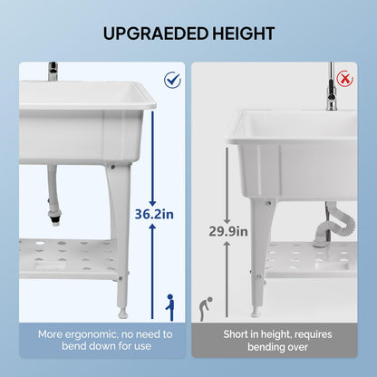 VINGLI Spacious White Utility Sink Laundry Tub for Laundry Room, Garage Washing Station, Slop Sink, Freestanding Sink with Stainless Steel Faucet, Drain, Storage Shelf and Removable Drainboard,White - CookCave