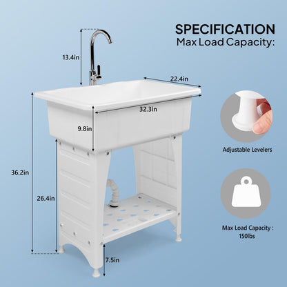 VINGLI Spacious White Utility Sink Laundry Tub for Laundry Room, Garage Washing Station, Slop Sink, Freestanding Sink with Stainless Steel Faucet, Drain, Storage Shelf and Removable Drainboard,White - CookCave
