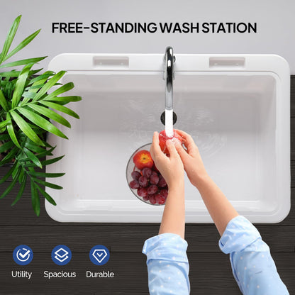 VINGLI Spacious White Utility Sink Laundry Tub for Laundry Room, Garage Washing Station, Slop Sink, Freestanding Sink with Stainless Steel Faucet, Drain, Storage Shelf and Removable Drainboard,White - CookCave