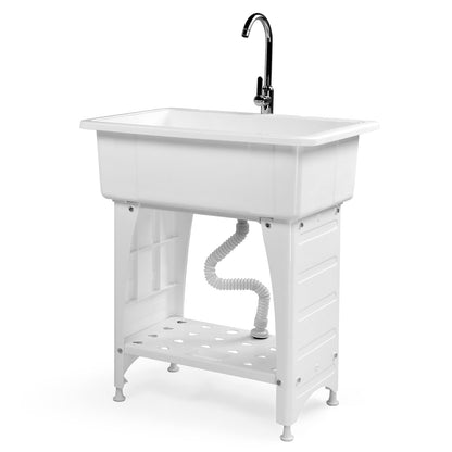 VINGLI Spacious White Utility Sink Laundry Tub for Laundry Room, Garage Washing Station, Slop Sink, Freestanding Sink with Stainless Steel Faucet, Drain, Storage Shelf and Removable Drainboard,White - CookCave