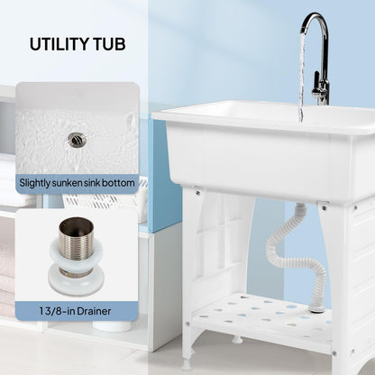 VINGLI Spacious White Utility Sink Laundry Tub for Laundry Room, Garage Washing Station, Slop Sink, Freestanding Sink with Stainless Steel Faucet, Drain, Storage Shelf and Removable Drainboard,White - CookCave